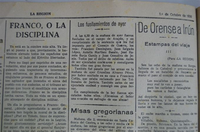 Nota de prensa  de “La Región” do 1 de outubro de 1936. Fonte: La Región. Arquivo Municipal de Ourense.