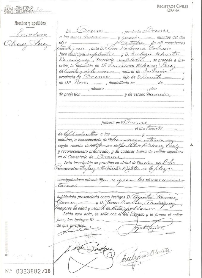 Certificado de definción de Erundina. Fonte: Rexistro Civil de Ourense.